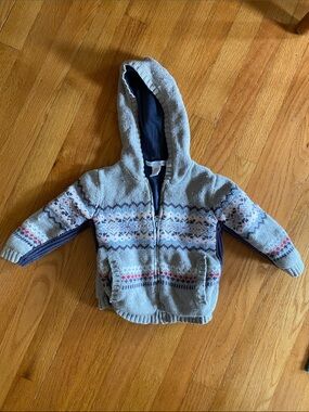 Janie and Jack Gray Hooded Knit Sweater with Fair Isle Accents